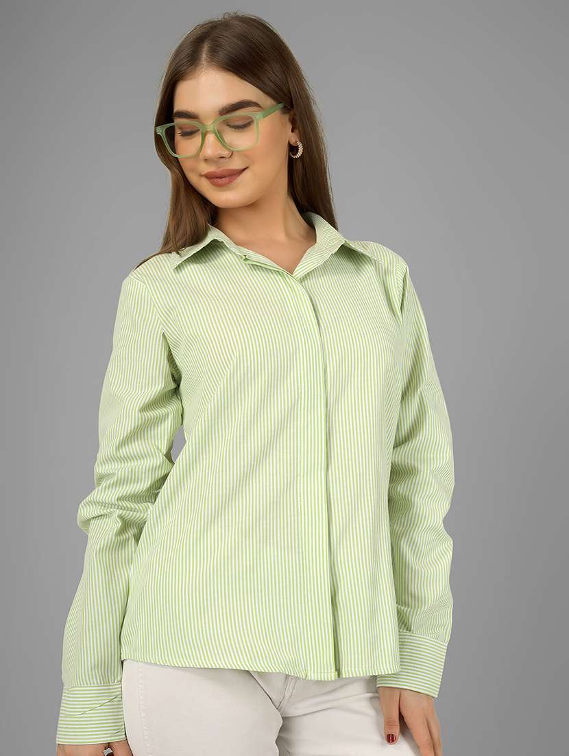 women striped collared long sleeve shirt