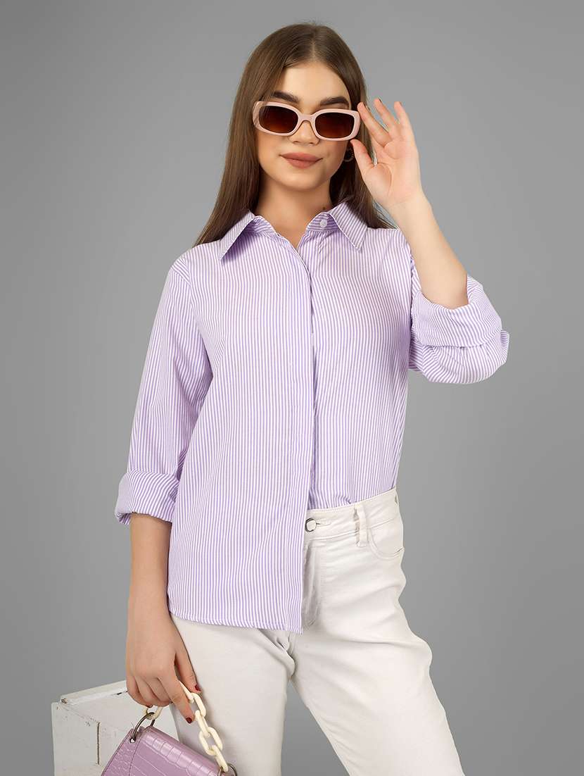 women striped collared long sleeve shirt