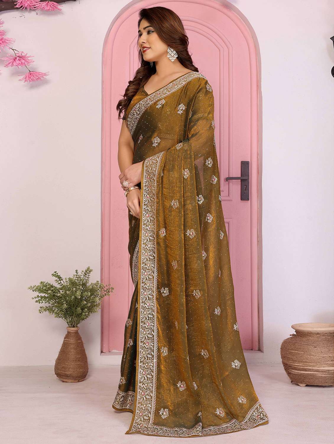 women solid with work embroidered saree with blouse - 22141075 -  Standard Image - 2