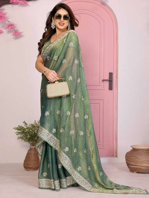 women solid with work embroidered saree with blouse - 22141076 -  Standard Image - 0