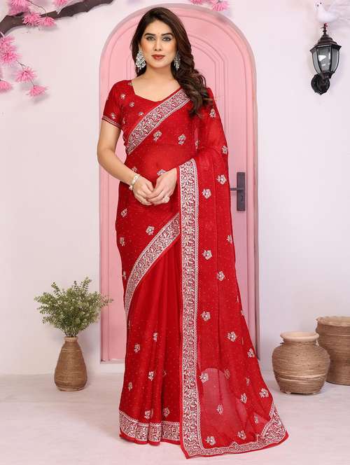 women solid with work embroidered saree with blouse - 22141077 -  Standard Image - 0