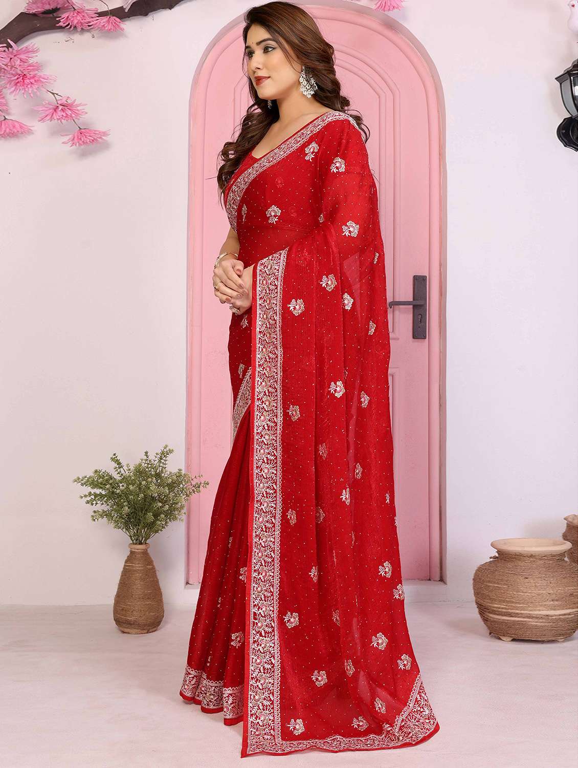 women solid with work embroidered saree with blouse - 22141077 -  Standard Image - 2