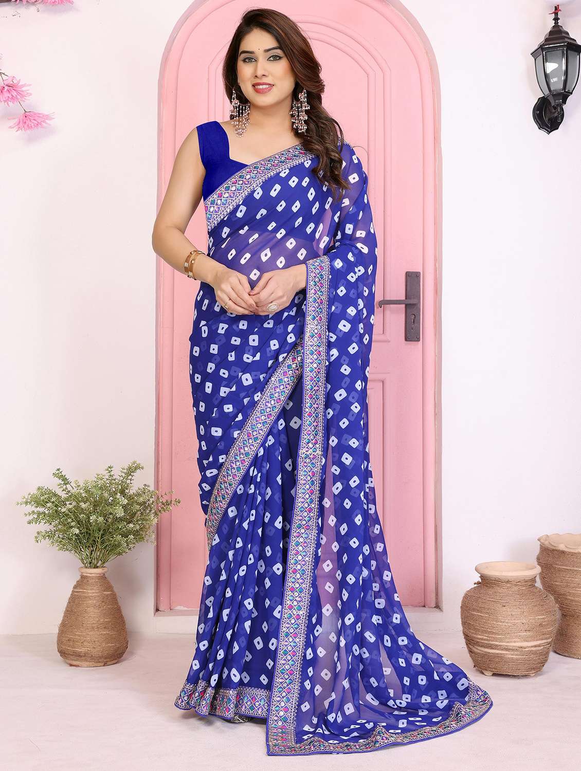 women bandhani printed saree with blouse
