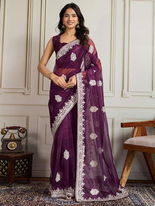 women solid with work embroidered saree with blouse - 22141101 -  Standard Image - 0