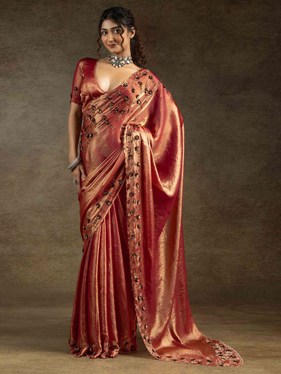women solid with embellished bordered saree with blouse