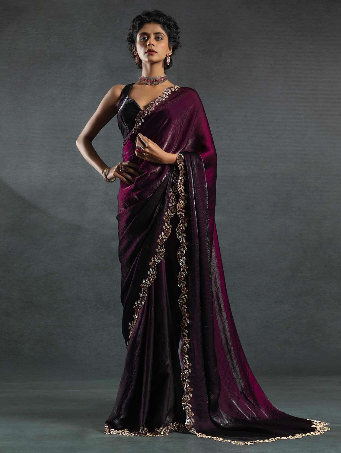 women solid with embellished bordered saree with blouse