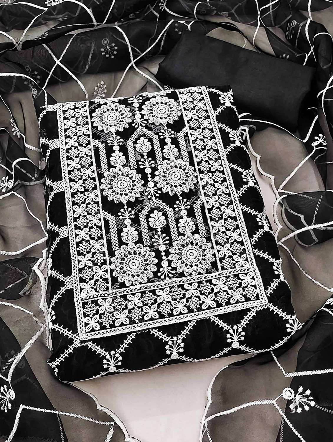 women solid with work unstitched suit set