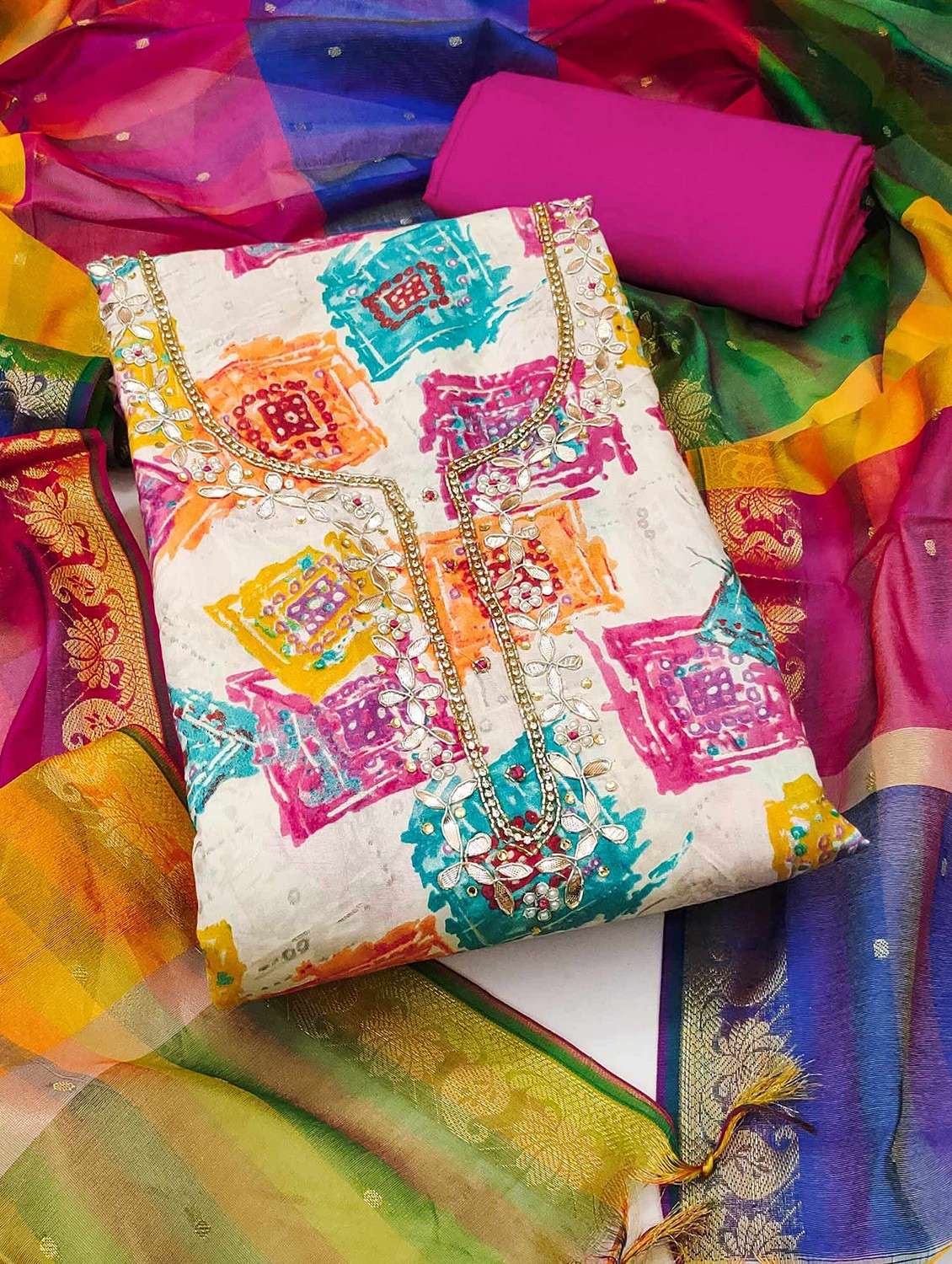 women printed embroidered unstitched suit set