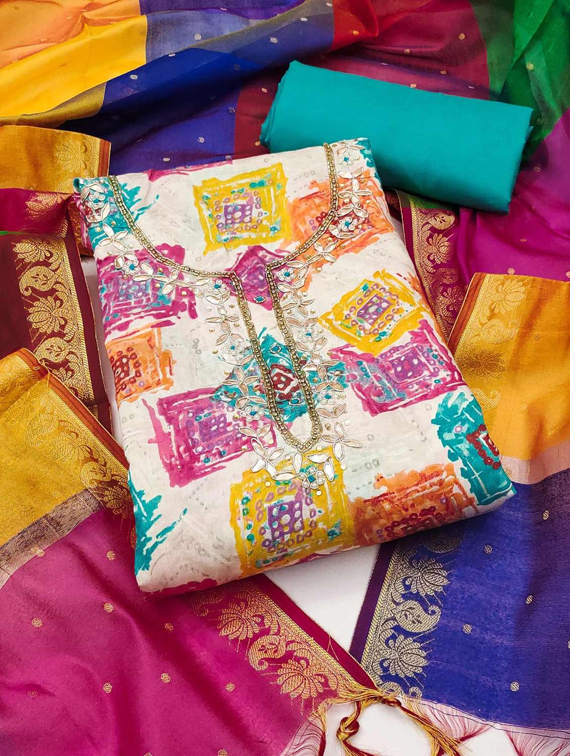 women printed embroidered unstitched suit set