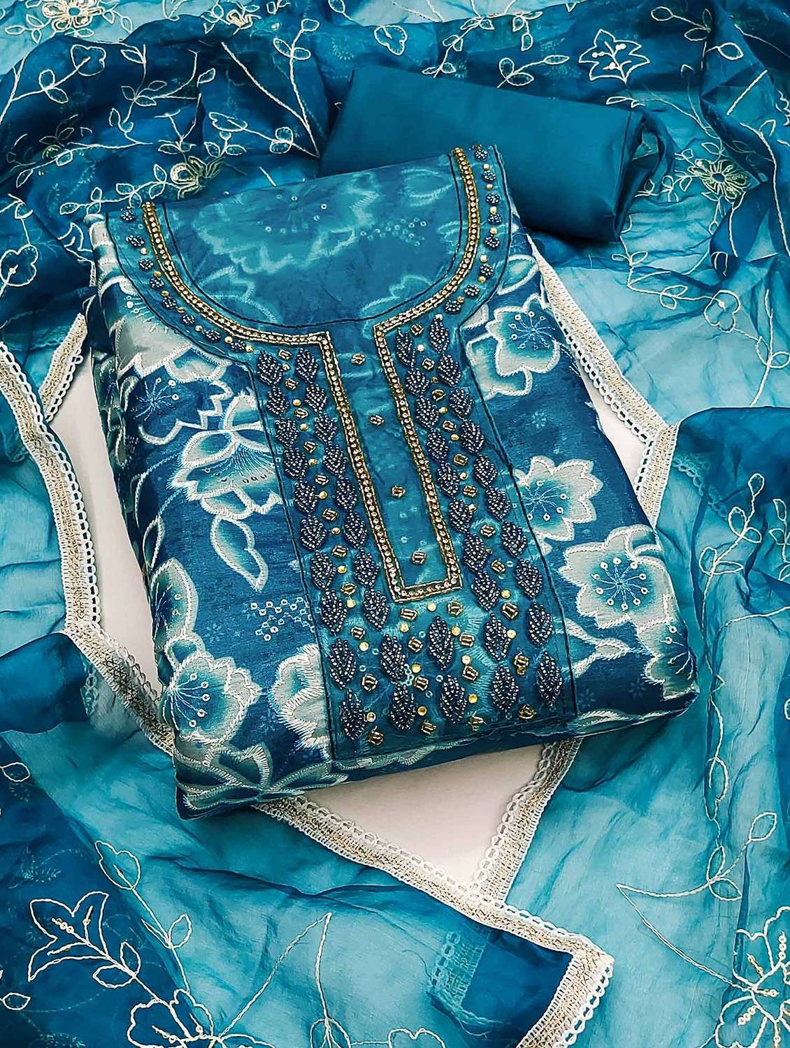 women floral printed embellished unstitched suit set