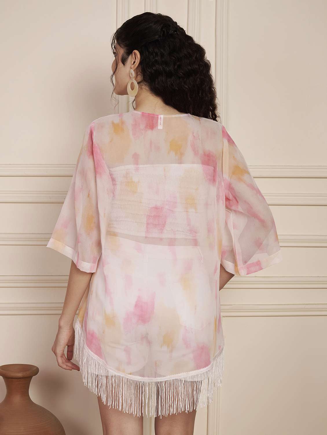 women printed bell sleeve fringed hem shrug - 22141304 -  Standard Image - 2