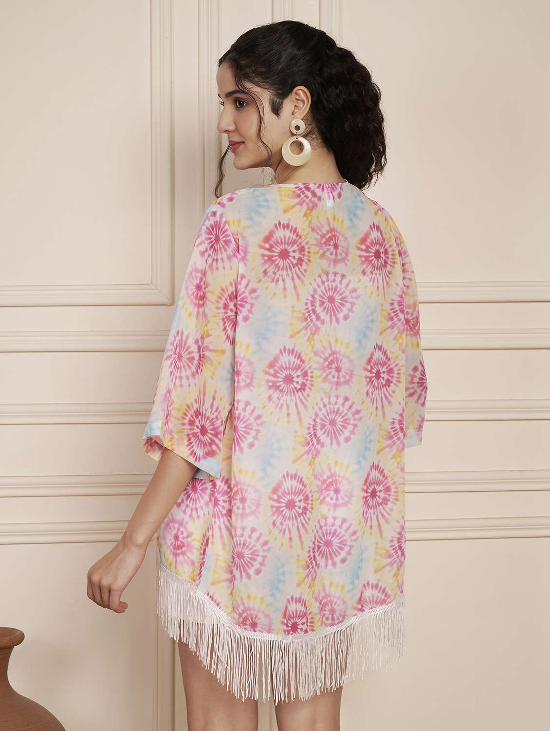 women printed bell sleeve fringed hem shrug - 22141305 - Standard Image - 2