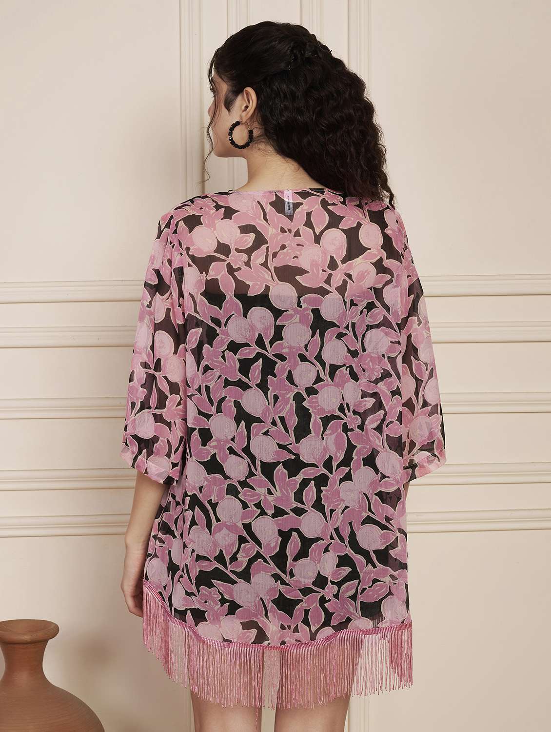 women printed bell sleeve fringed hem shrug - 22141306 - Standard Image - 2