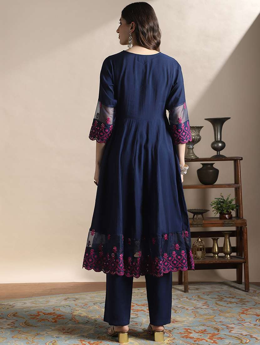 globus women navy blue sequin embroidered v-neck flared hem a-line kurta with pants festive set - 22141343 -  Standard Image - 2