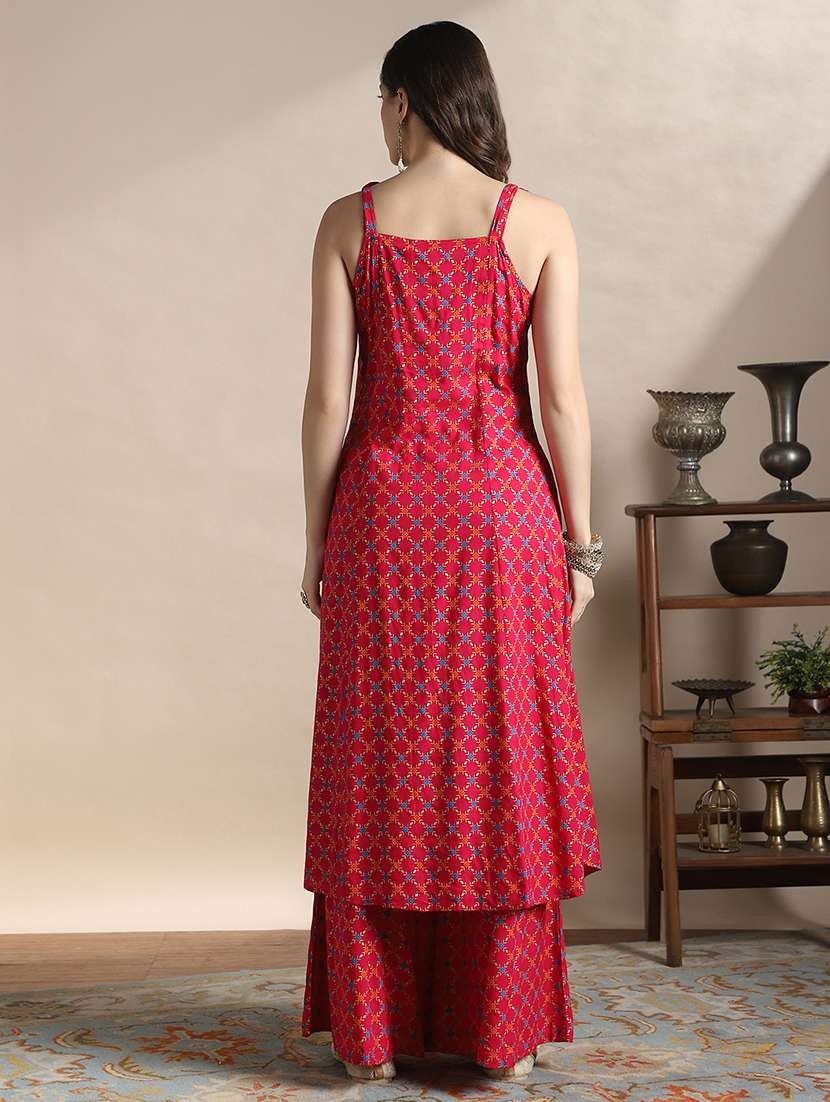 globus women coin detail tie-up shoulder straps embroidered yoke foil print front slit a-line kurta & palazzos - 22141344 -  Standard Image - 2