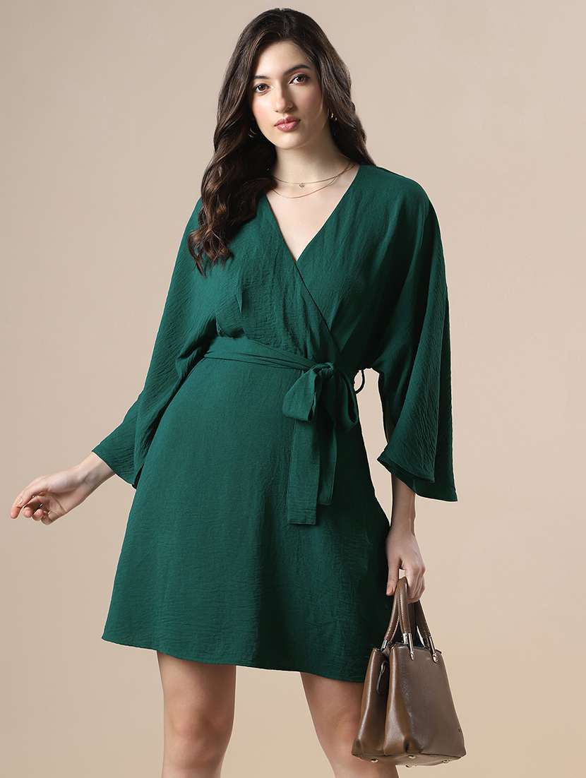globus women green wrap v-neck extended sleeves self design mini fit & flare dress with belt