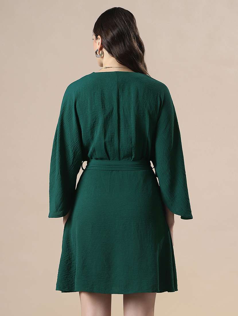 globus women green wrap v-neck extended sleeves self design mini fit & flare dress with belt - 22141345 -  Standard Image - 2