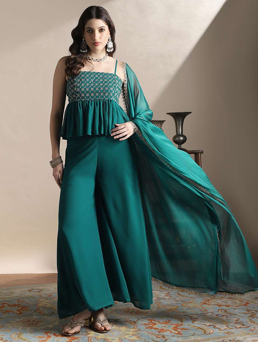 globus women teal square neck strappy shoulder sequin embroidered peplum top with palazzos & dupatta festive set