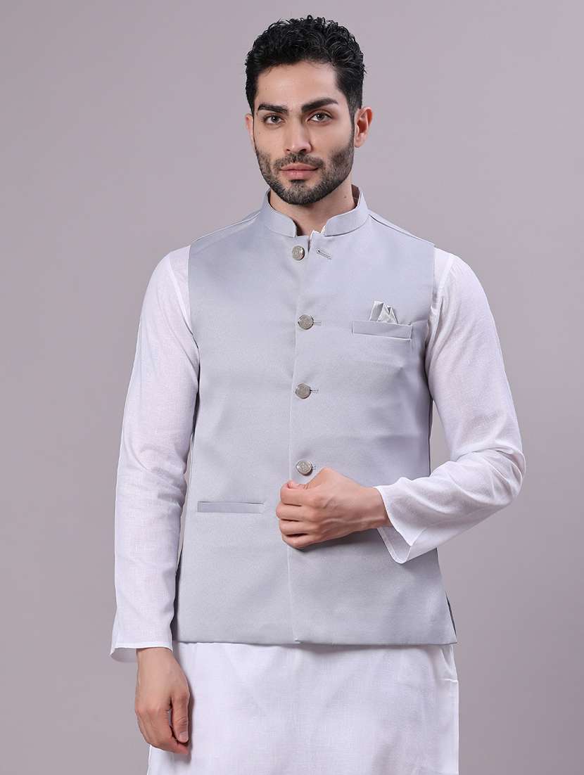 men solid mandarin neck regular fit nehru jacket