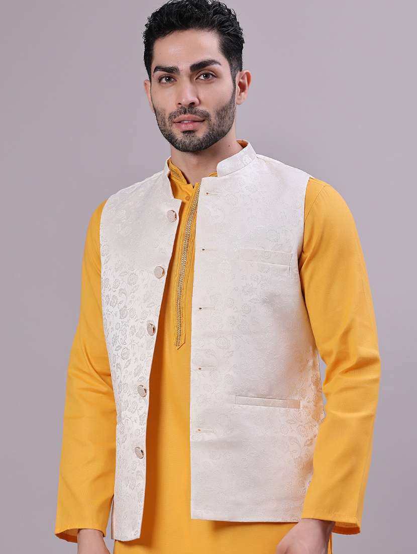 men self design mandarin neck regular fit nehru jacket