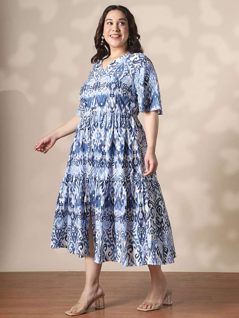 globus gloplus women blue ethnic motif v-neck flared sleeves waist tie-ups fit & flare tiered plus size midi dress - 22141358 -  Standard Image - 2