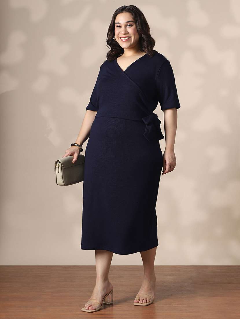 globus gloplus women navy blue wrap v-neck waist tie-ups ribbed plus size midi sheath dress - 22141359 -  Standard Image - 2