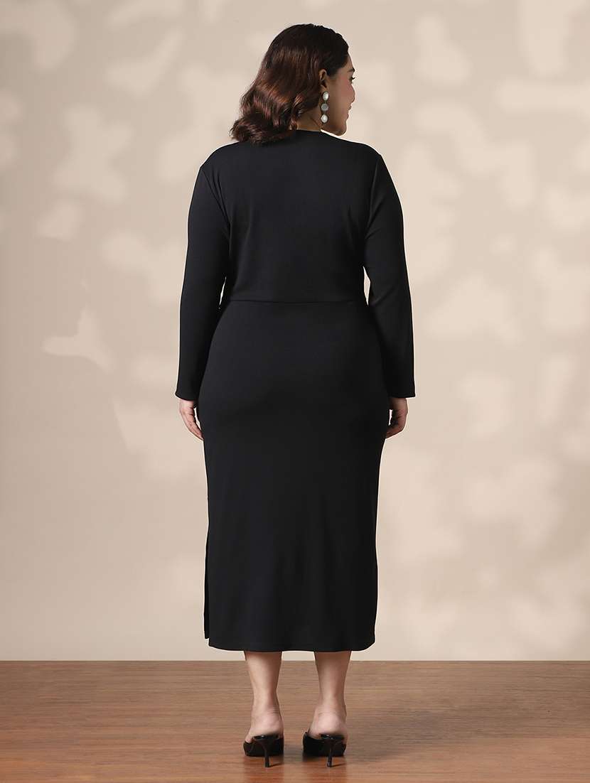 globus gloplus women black square neck full sleeves belted side slit plus size midi bodycon dress - 22141361 -  Standard Image - 2