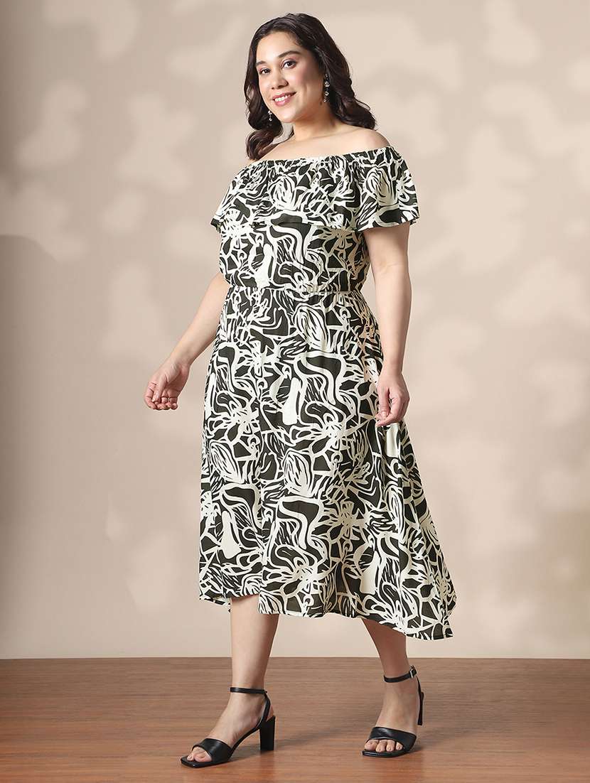 globus gloplus women black & white abstract print off-shoulder fit & flare plus size midi dress - 22141363 -  Standard Image - 2