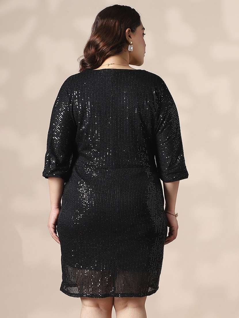 globus gloplus women black v-neck extended sleeves twisted detail sequinned mini sheath plus size party dress - 22141365 -  Standard Image - 2