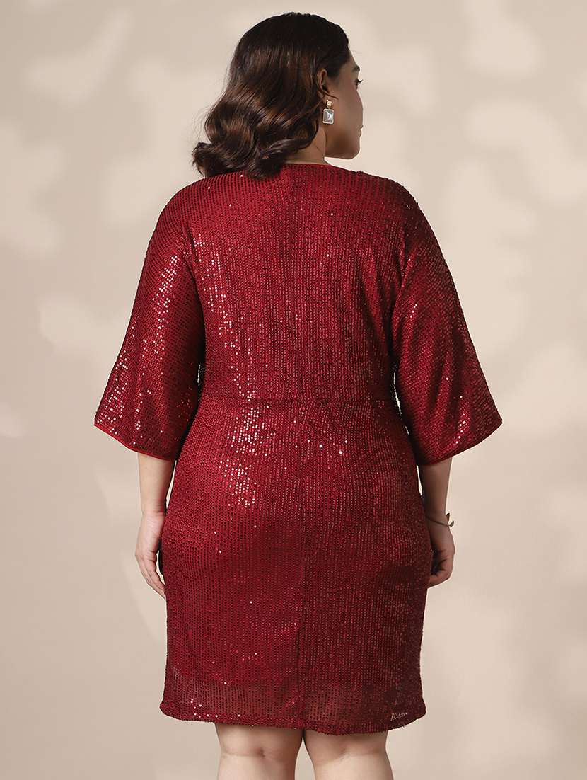 globus gloplus women marron v-neck extended sleeves twisted detail sequinned mini sheath plus size party dress - 22141366 -  Standard Image - 2