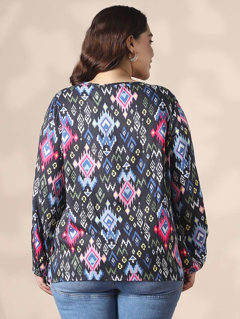 globus gloplus women multicolor keyhole neck bishop sleeves self design ikat print plus size top - 22141372 -  Standard Image - 2