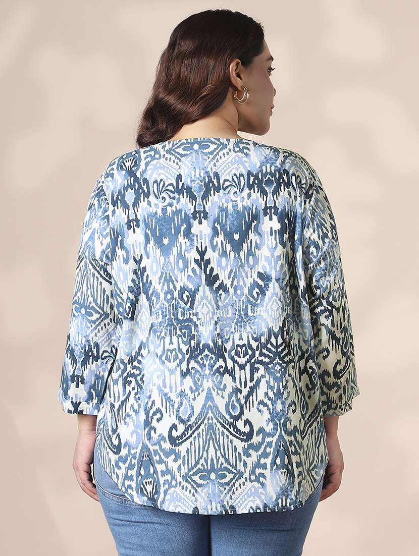 globus gloplus women blue v-neck ikat print bohemian curved hem plus size top - 22141373 -  Standard Image - 2