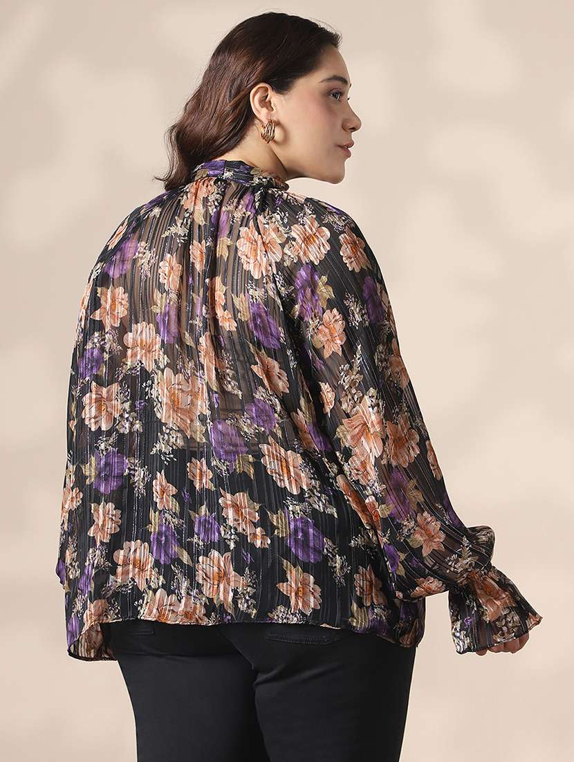 globus gloplus women black tie-up neck raglan sleeves self design floral print georgette plus size shirt style top - 22141376 -  Standard Image - 2
