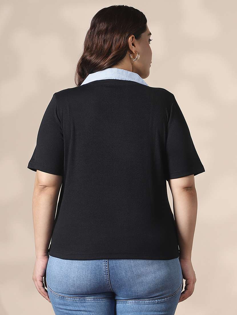 globus gloplus black collared neck ribbed plus size top - 22141377 -  Standard Image - 2