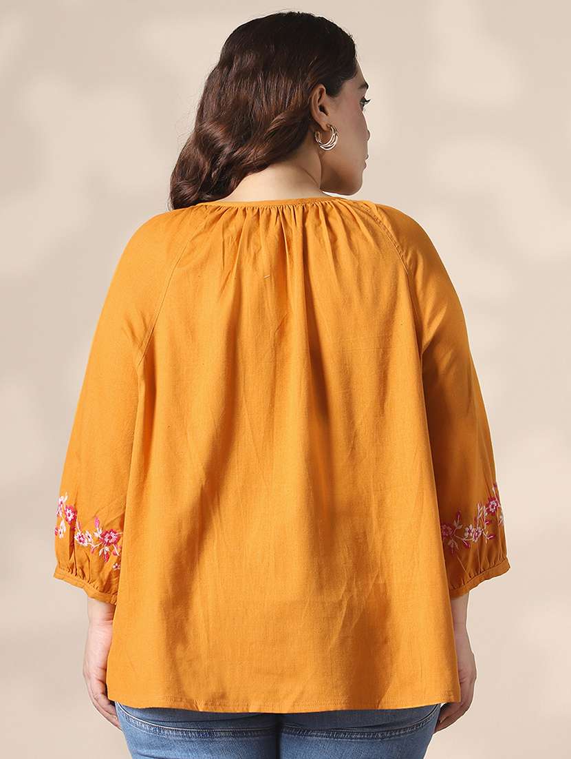 globus gloplus mustard keyhole detail round neck floral embroidered raglan sleeves plus size top - 22141378 -  Standard Image - 2
