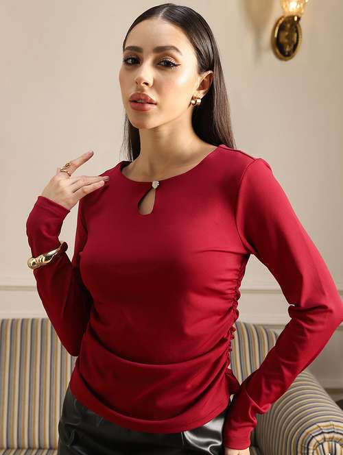 globus women maroon keyhole neck long sleeves solid ruched detail top - 22141379 -  Standard Image - 0