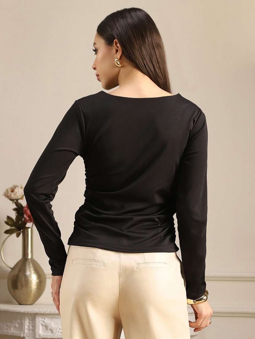 globus women black keyhole neck long sleeves solid ruched detail top - 22141380 -  Standard Image - 2