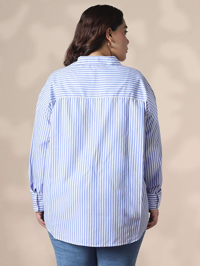 globus gloplus women blue collared neck cuffed sleeves striped curved hemline oversize workwear plus size shirt - 22141381 -  Standard Image - 2