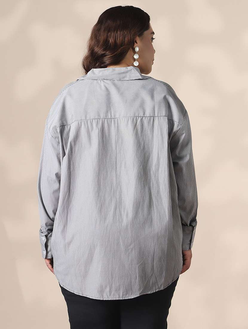 globus gloplus women black collared neck cuffed sleeves striped curved hemline oversize workwear plus size shirt - 22141382 -  Standard Image - 2