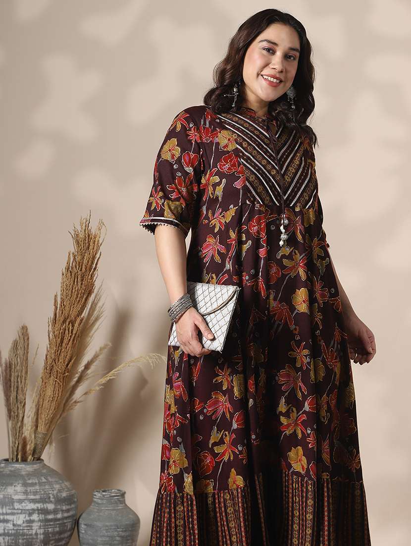 globus gloplus women wine mandarin collar floral foil print gotta patti tie-up detail maxi a-line dress - 22141385 -  Standard Image - 2