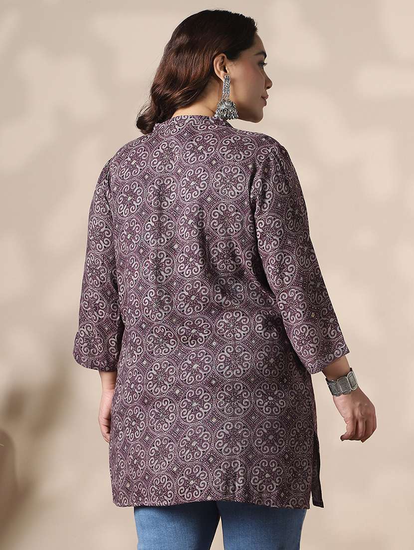 globus gloplus women brown mandarin collar ethnic print button detail plus size tunic - 22141388 -  Standard Image - 2