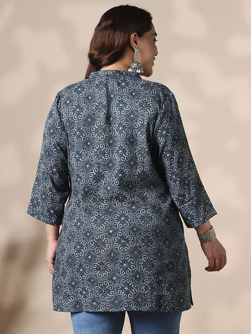 globus gloplus women blue mandarin collar ethnic print button detail plus size tunic - 22141389 -  Standard Image - 2