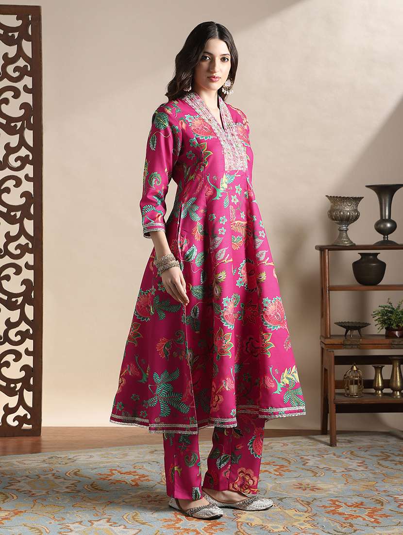 globus women pink zari embroidered v-neck floral print pannelled anarkali kurta with pants festive set - 22141392 -  Standard Image - 2