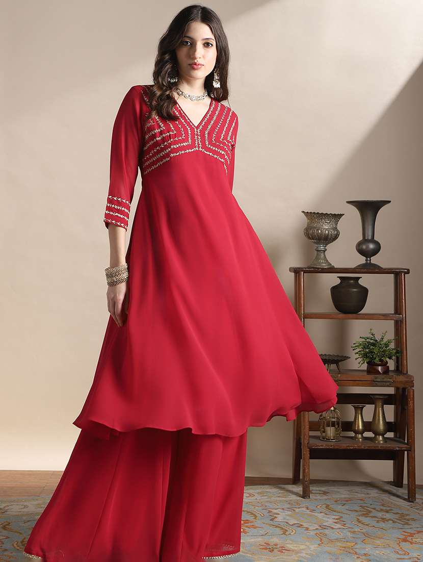 globus women red v-neck floral zari embroiderd yoke georgette a-line kurta with sharara festive set