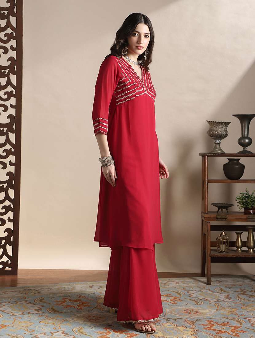 globus women red v-neck floral zari embroiderd yoke georgette a-line kurta with sharara festive set - 22141393 -  Standard Image - 2