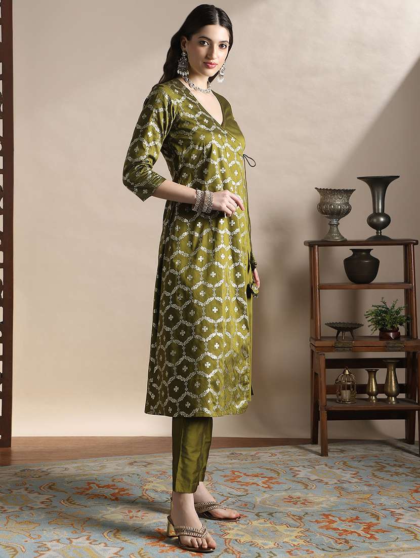 globus women olive v-neck floral foil print angrakha a-line kurta with pants festive set - 22141394 -  Standard Image - 2