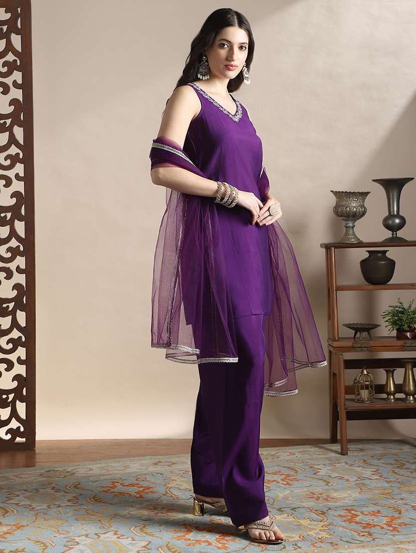 globus women purple zari embroidered v-neck sleeveless a-line kurti with wide leg pants & tapping dupatta festive set - 22141396 -  Standard Image - 2