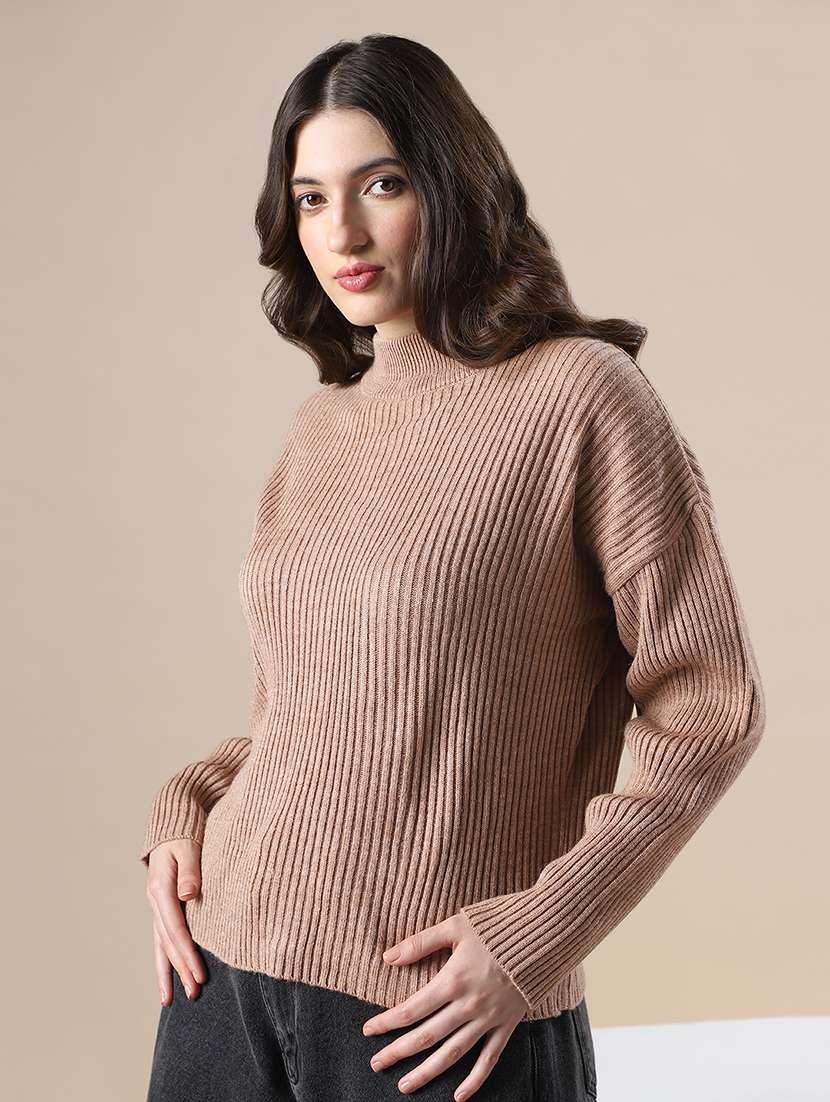 globus women beige self design high neck drop shoulder long sleeves acrylic knitted pullover sweater