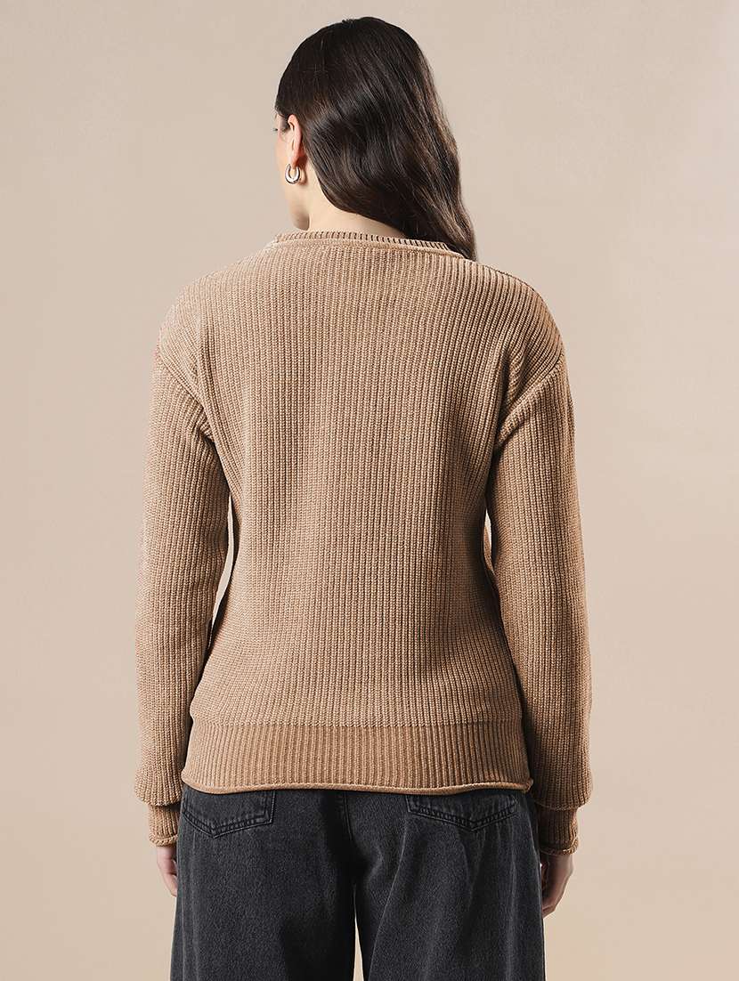 globs women brown self design round neck drop shoulder long sleeves acrylic knitted pullover sweater  - 22141400 -  Standard Image - 2