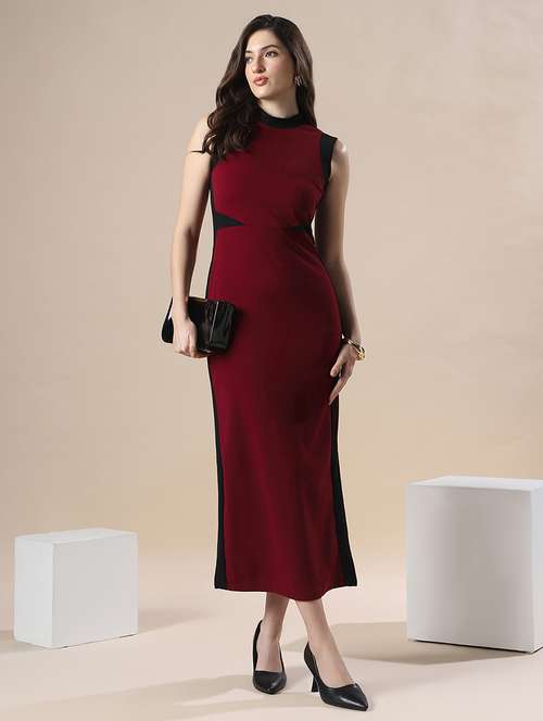 globus women maroon colorblock high neck sleeveless formal maxi bodycon dress - 22141401 -  Standard Image - 0